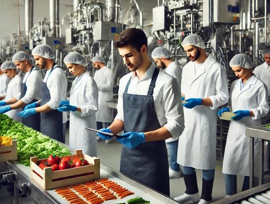 Food processing production line with workers in sanitary attire sorting and preparing fresh vegetables on an automated conveyor, while monitoring quality using digital tablets.