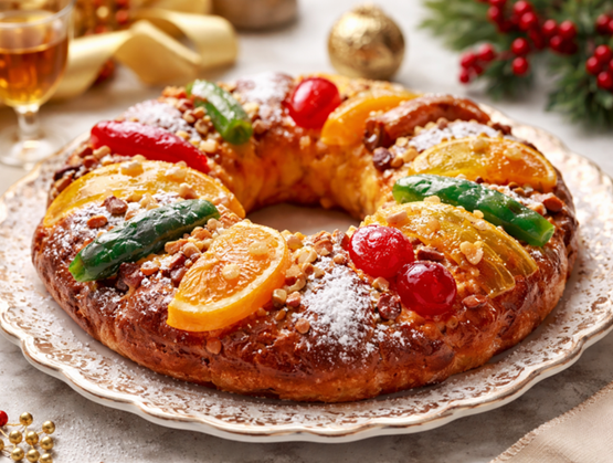 King cake ring (brioche) topped with candied orange slices, candied cherries, powdered sugar and candied fruit, served on a plate.