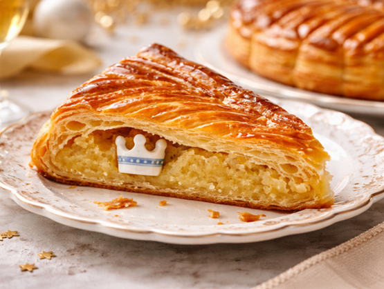 Slice of frangipane galette des rois on a plate, with a crown-shaped figurine, and a whole cake in the background.