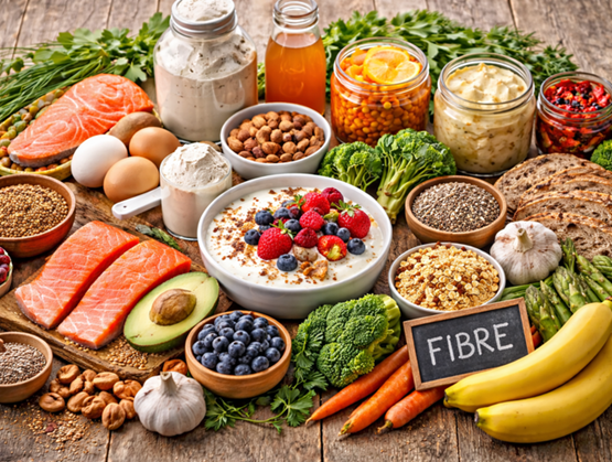 Assortment of high-fiber foods (whole grains, legumes, fruits, vegetables, seeds) with the word “FIBRE” in the center.