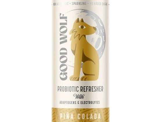 Can of “Good Wolf” Probiotic Refresher, Piña Colada flavor, on a white background.