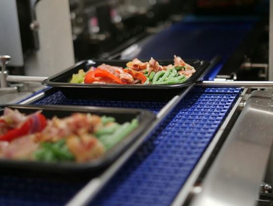 Prepared-meal trays on a conveyor belt in a food processing plant, with vegetables and meat being packaged.