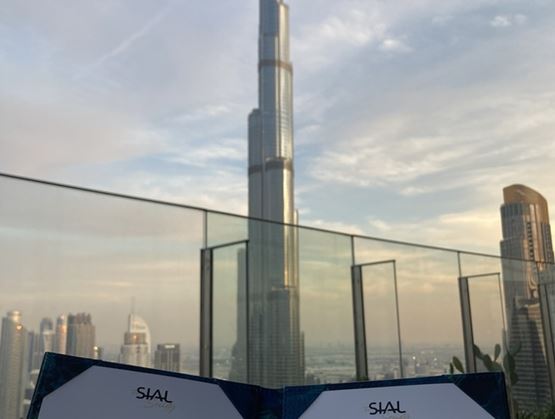 Vue de la Burj Khalifa depuis une terrasse, avec des supports SIAL au premier plan et le skyline de Dubaï en arrière-plan.