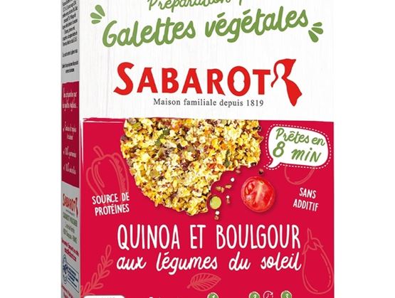 Quinoa and bulgur mix with sun vegetables for plant-based patties by Sabarot, ready in 8 minutes.