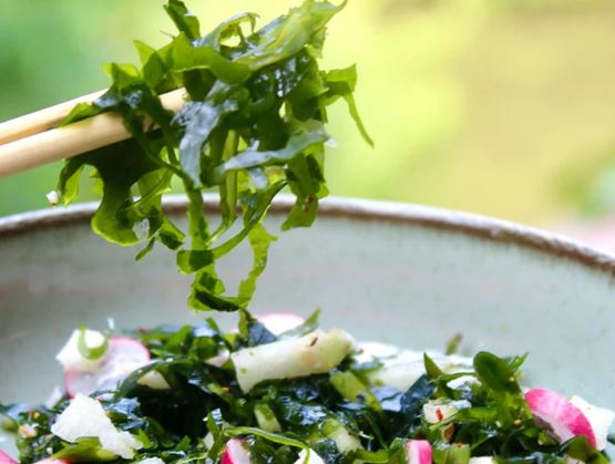 Chopsticks picking up seaweed from a fresh salad bowl made with vegetables and green seaweed.