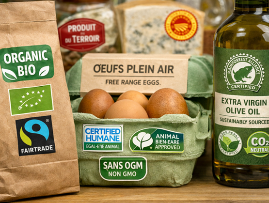 Boîte d’œufs plein air entourée de produits alimentaires biologiques et éthiques, avec des labels comme bio, commerce équitable et sans OGM, posée sur une table en bois.