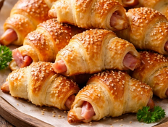 Small sausage-filled puff pastries, golden and topped with sesame seeds, served on a wooden board.