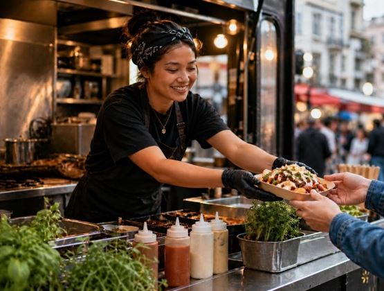 Smiling cook serving a takeaway dish from a food truck.