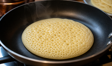 Crêpe épaisse en train de cuire dans une poêle noire, avec de petites bulles à la surface.