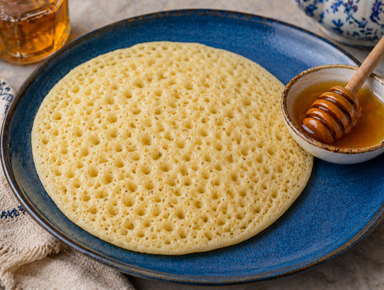 Thick pancake with small holes served on a blue plate with a bowl of honey.
