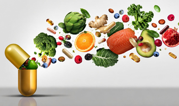 Open golden capsule releasing fruits, vegetables, nuts, leafy greens, salmon and dietary supplements, evoking nutrition and wellness.