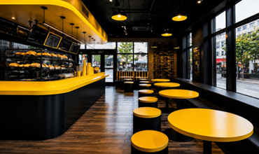Intérieur d’un restaurant ou fast-food au design noir et jaune, avec comptoir de pains et espace de restauration donnant sur la rue.
