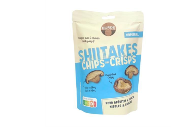 Pack of Borde Original shiitake mushroom chips against a white background.