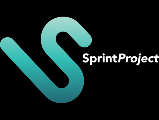 White and turquoise SprintProject logo on a black background.