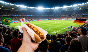 Spectateur tenant un hot-dog dans un stade de football rempli, avec les drapeaux du Brésil et de l’Allemagne dans les tribunes.