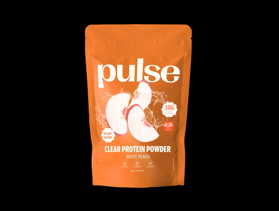 Sachet orange de poudre de protéine végétale Pulse saveur pêche blanche.