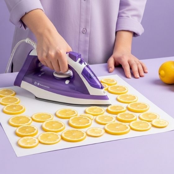 Personne repassant des rondelles de citron alignées sur une feuille, avec un fer violet sur fond pastel.