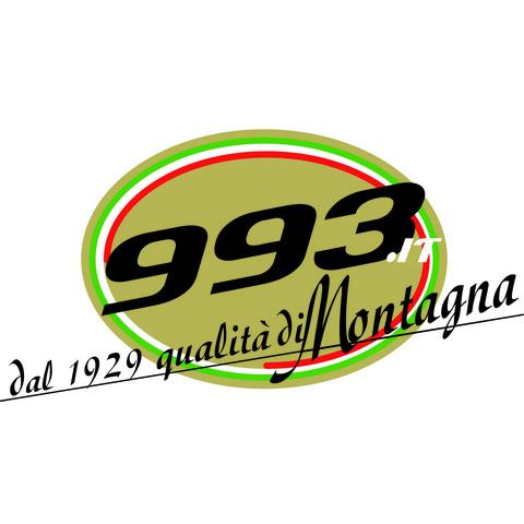 Logo de la marque 993.it avec un ovale vert entouré de bandes rouges et blanches, et le texte "dal 1929 qualità di Montagna" en italique.