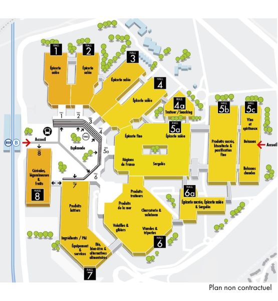 Plan du salon SIAL Paris 2026 en français, avec les halls dédiés aux différentes filières alimentaires comme les produits laitiers, viandes, boissons, traiteurs, et épicerie.