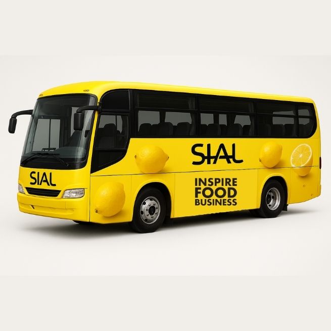 Bus decorated with SIAL Paris 2026 colors featuring lemons and the 'Inspire Food Business' logo