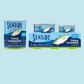 Seaside canned tuna packs displayed on a light blue background