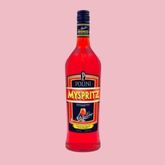 Bright red Polini MySpritz bottle on a pink background.