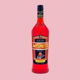Bouteille de Polini MySpritz rouge vif sur fond rose.
