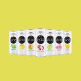 Range of Vida fruit-flavored cans on a solid yellow background.