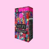 Kyufi tea box with colorful graphic design on a pink background