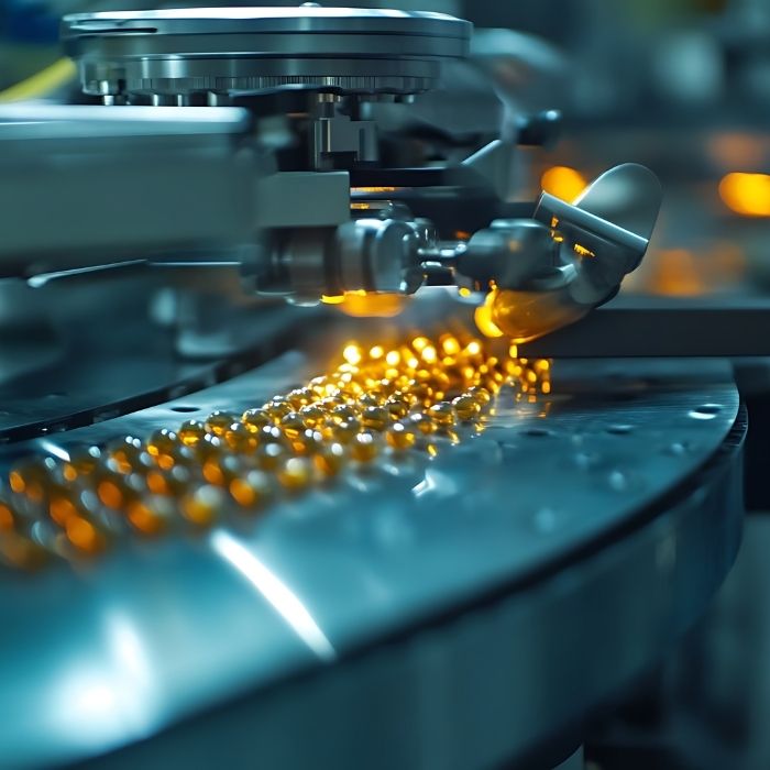 Ligne de production automatisée avec des capsules qui passent sur un convoyeur.