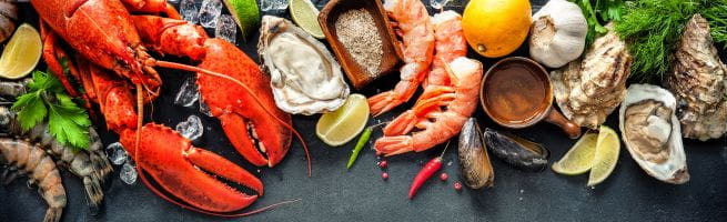 Shrimp, oyster, lobster, lemon, pepper, mussels