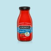 Agromonte cherry tomato sauce bottle on a light blue background.