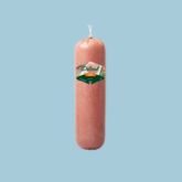 Whole packaged sausage displayed vertically on a plain background