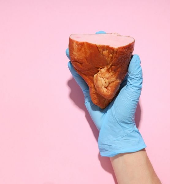 Piece of cured ham held by a gloved hand on a pink background