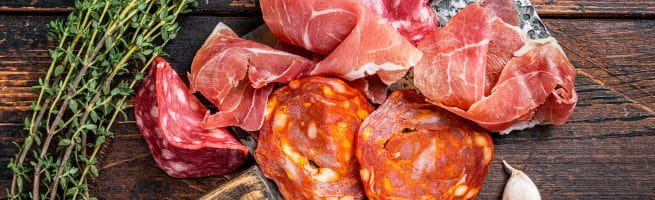 A combination of chorizo, ham and rosemary