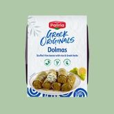 Package of dolmas (vine leaves stuffed with rice and fresh herbs) from the Paliria brand, on a green background.