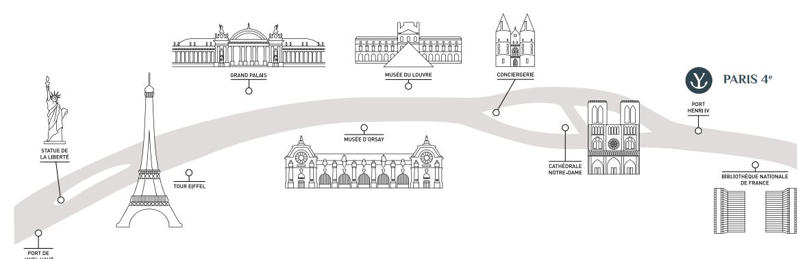 Illustration du parcours du bateau de croisière à Paris, montrant les principaux monuments le long de la Seine