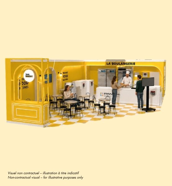 Illustration of a yellow bakery concept featuring a dining area, sales counter and customers placing orders.