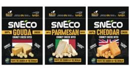 Crunchy dried cheese snacks: Gouda, Parmesan, and Cheddar, in individual packaging, high in protein.
