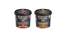 Shredded French pork and chicken from Bordeau Chesnel, presented in black trays.