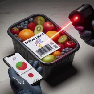 Active Label technology for fresh fruit traceability, with a scanner and mobile app checking storage temperature.