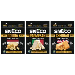 Crunchy dried cheese snacks: Gouda, Parmesan, and Cheddar, in individual packaging, high in protein.