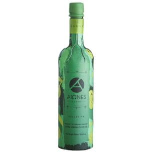 Paper bottle containing organic extra virgin olive oil from the Aeons brand.