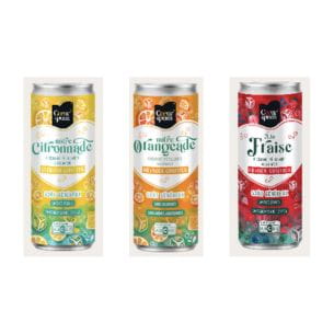 Cans of Lemonade, Orangeade, and Strawberry, refreshing drinks flavored with jams.