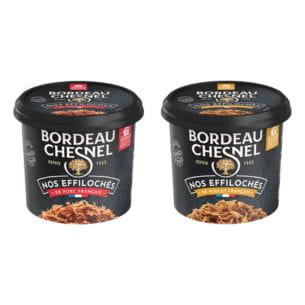 Effiloché de porc et de poulet français Bordeau Chesnel, présenté dans des barquettes noires.