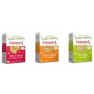 Boxes of Sabarot plant-based patty mixes: quinoa and bulgur, lentil trio, and split peas.