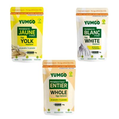 Three YUMGO pouches featuring powdered egg yolk, egg white, and whole egg replacers.