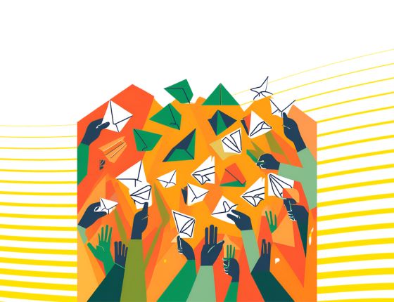 Illustration with raised hands launching paper planes in green and orange tones.