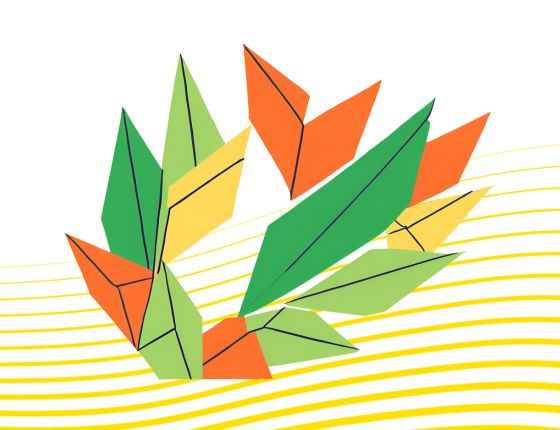 Colorful illustration with geometric shapes representing stylized leaves in green and orange tones.