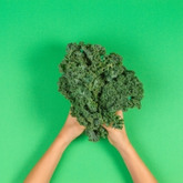 Two hands holding a kale leaf on a bright green background, seen from above.